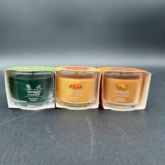 Yankee Candle Other - Yankee Mini Candle Set Of 3: Balsam & Cedar Glistening Leaves Golden Pumpkin